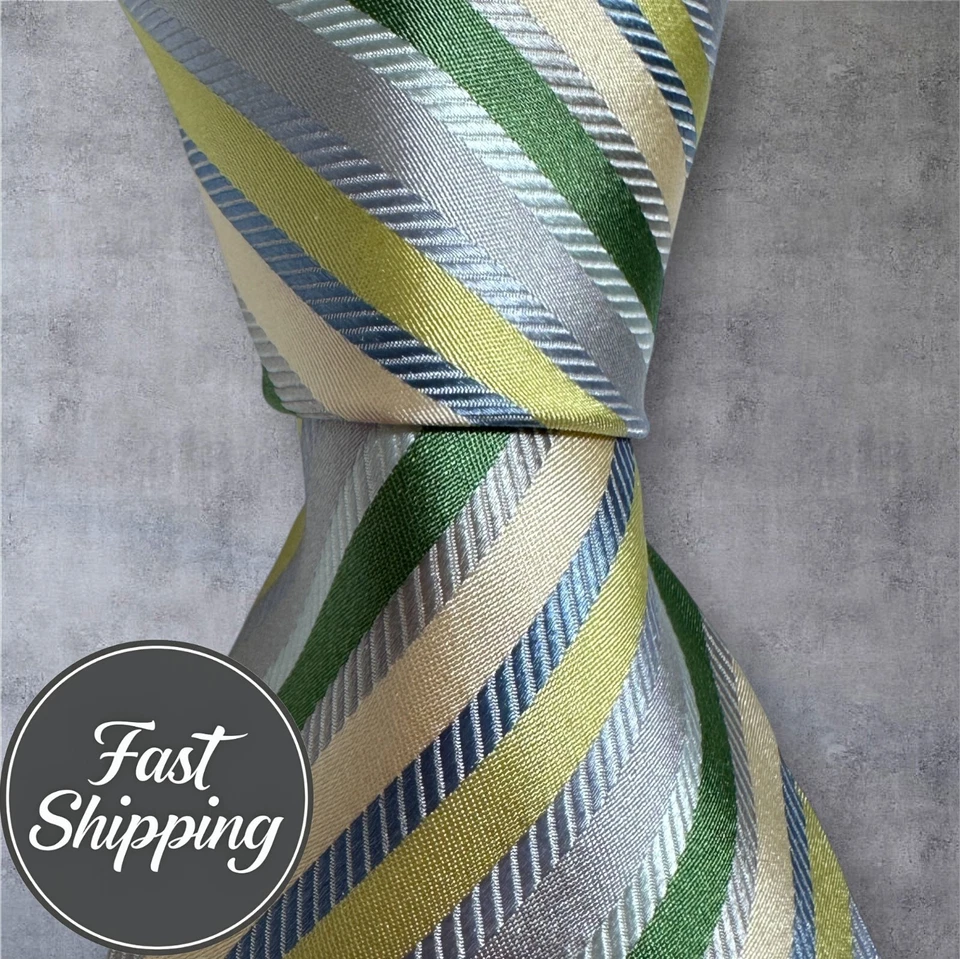 Corbata a rayas 100 % seda azul/verde/amarillo/plateada Banana Republic Foto 2 de 4