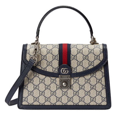 GUCCI Ophidia Medium $2980 Beige And Blue GG Canvas Top Handle Bag