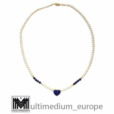 Modernist 585er Gold Lapis Lazuli Anhänger Perlenkette Pearl necklace