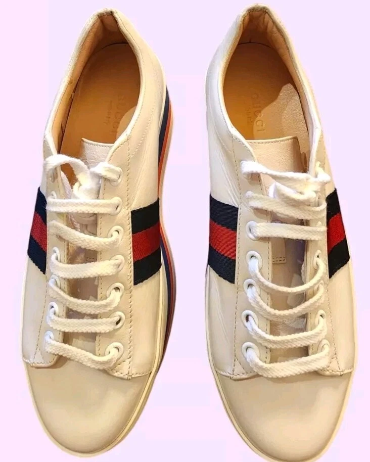Baskets Gucci Peggy Platform en cuir blanc EU36 US6 à lacets bleu/rouge/blanc