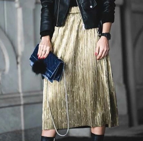 ZARA GOLD GOLDEN PLEAT PLEATED ACCORDION MIDI SKIRT. REF 1938 050 SIZE M
