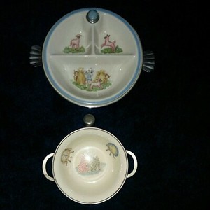 Bartsch Little Boy Blue Warming Bowl Dish-1944 & Excello Cat Dog Warming Dish