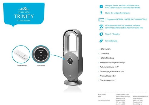 ETA Trinity Standventilator, Tischventilator, 3 Stufen, Timer, 45W, LED Touch - Bild 5 von 5