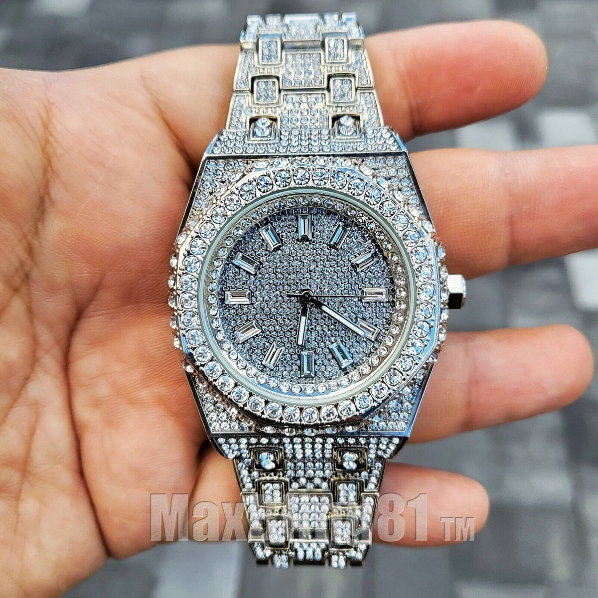 Luxury Silver Plated Stainless Steel Bling Cubic Zirconia Iced Band Men\'s  Watch | eBay