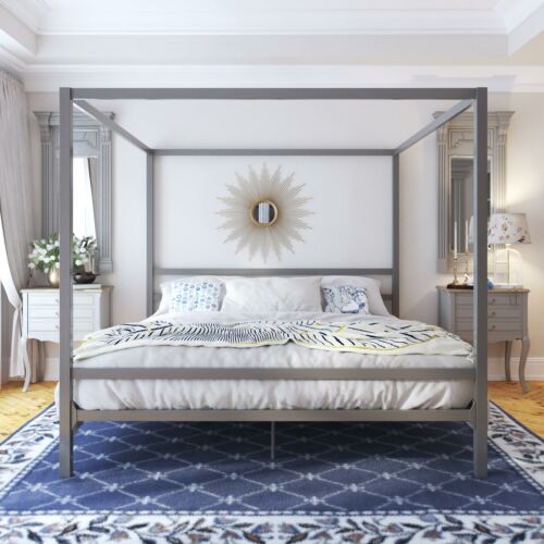 King Size Gray Grey Metal Canopy Bed, King Size Canopy Bedroom Sets