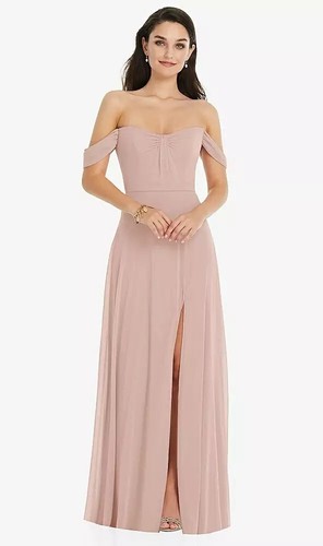 Dessy 3105....Off-the-Shoulder Draped Sleeve Maxi Dress....Toasted Sugar..Sz 12 - Afbeelding 1 van 5