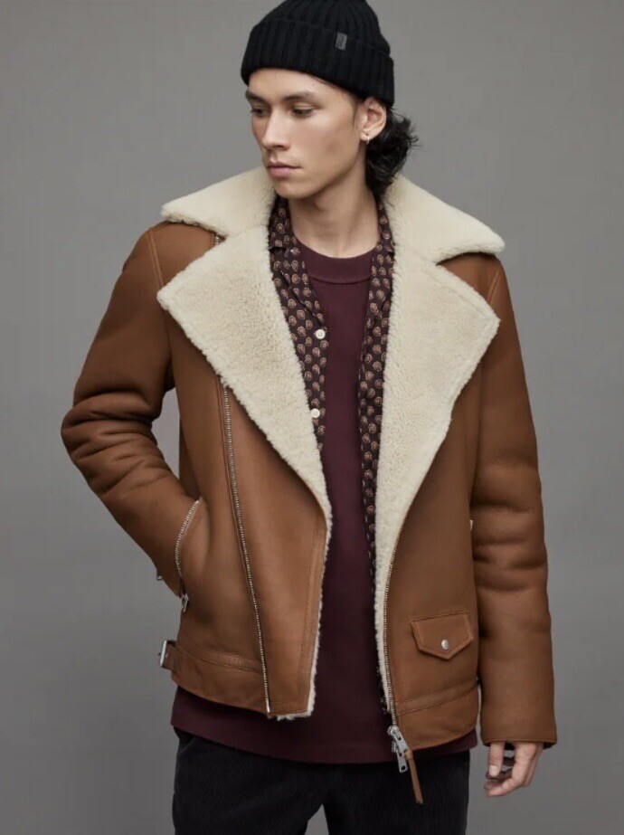 All Saints Xander Shearling Biker Jacket Tan Small RRP £999  