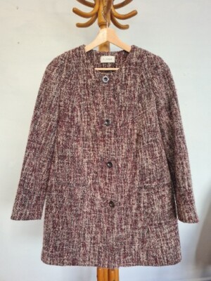 Marks And Spencer Classic Tweed Rose Red Wool Mix Long Collarless Jacket Size 16