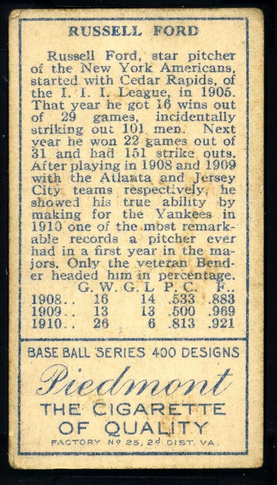 1911 T205 Gold Border Russ Ford, White Cap, SGC 50 VG/EX 4, Piedmont