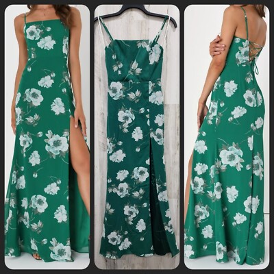 LULUS Feeling Elegant Green Floral Print Lace Up Slit Maxi Dress Size XS**NWOT**