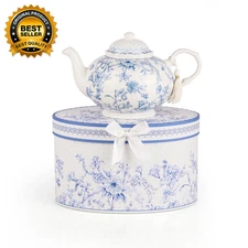 STP GOODS Vintage Blue Flowers Kitchen Teapot for Loose Tea Bone China Teapot