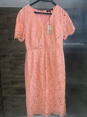 NEW Jaeger UK10 Coral peach Colour lace short sleeve pencil dress Cruise Wedding