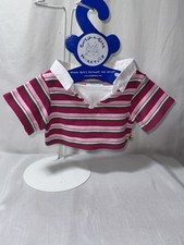 Build A Bear Polo Shirt Pink Green  White Stripe White Collar Gem Buttons