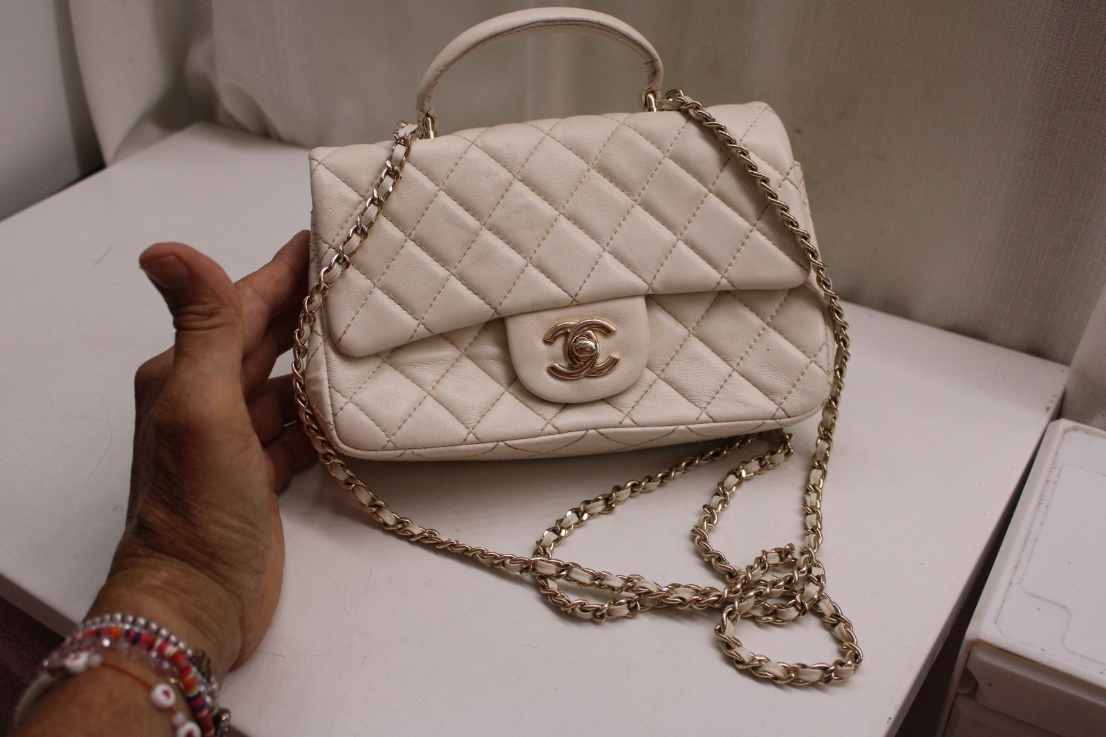 Chanel quilted lambskin mini coco handle flap bag off white 8X6X2"Gold Hardware image 5