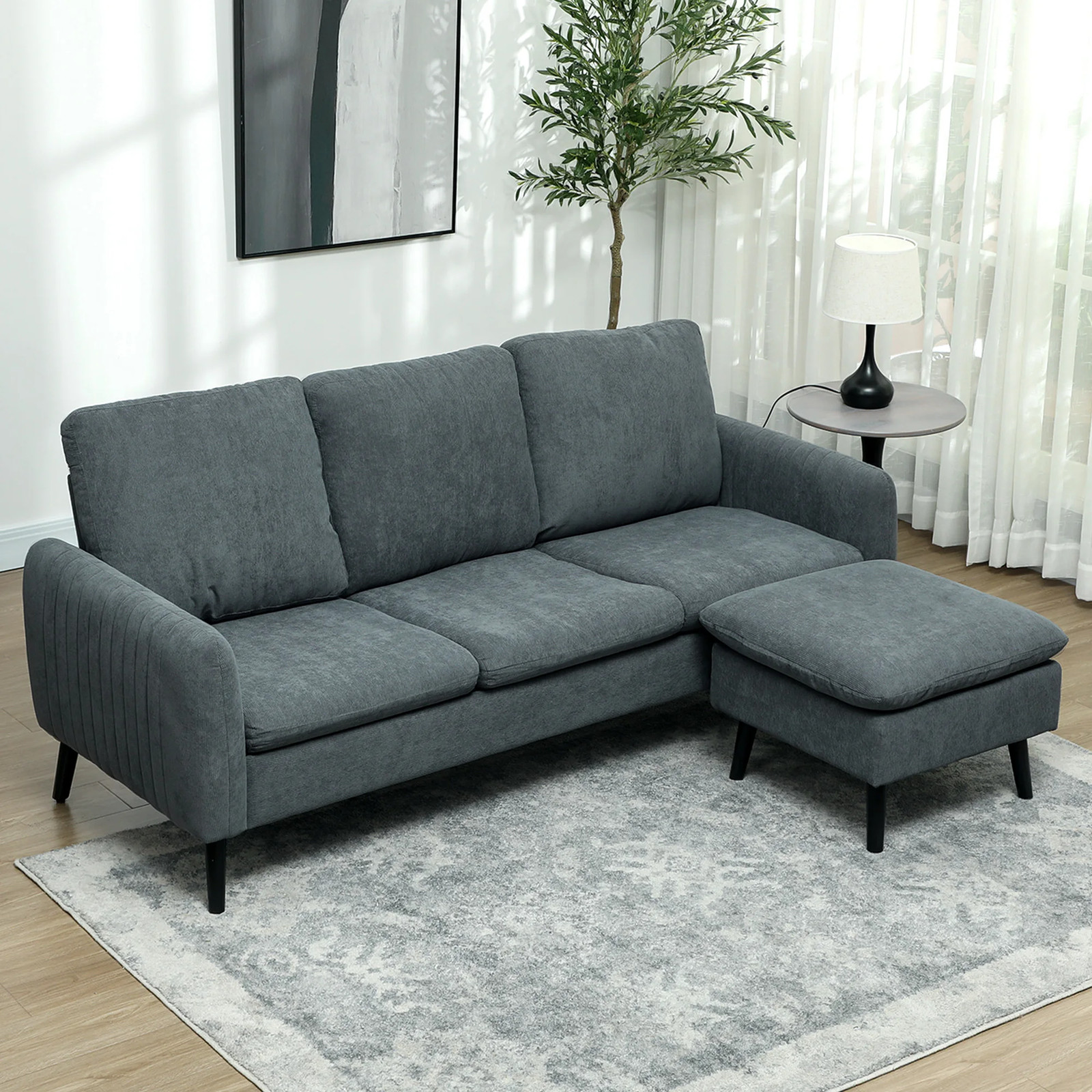 Charcoal Grey Corner Sofa 3 Seater Couch with Chaise Lounge Corduroy Modern