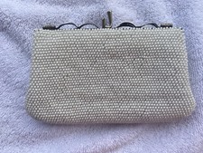 VTG Mid-Century White Beaded Evening Bag Silver Filigree Frame Clutch Bridal