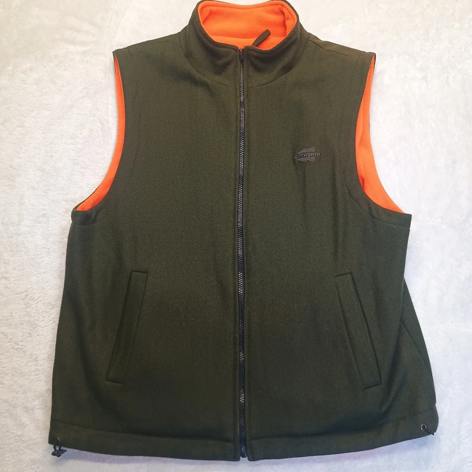 Huntworth Vest Mens M Green Orange Wool Blend Fleece Reversible Hunting Work - Image 2 of 4