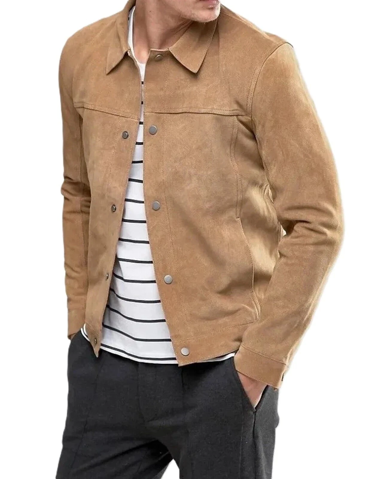Men's Beige Leather Trucker Jacket Pure Suede Size S M L XL XXL Custom Made -362