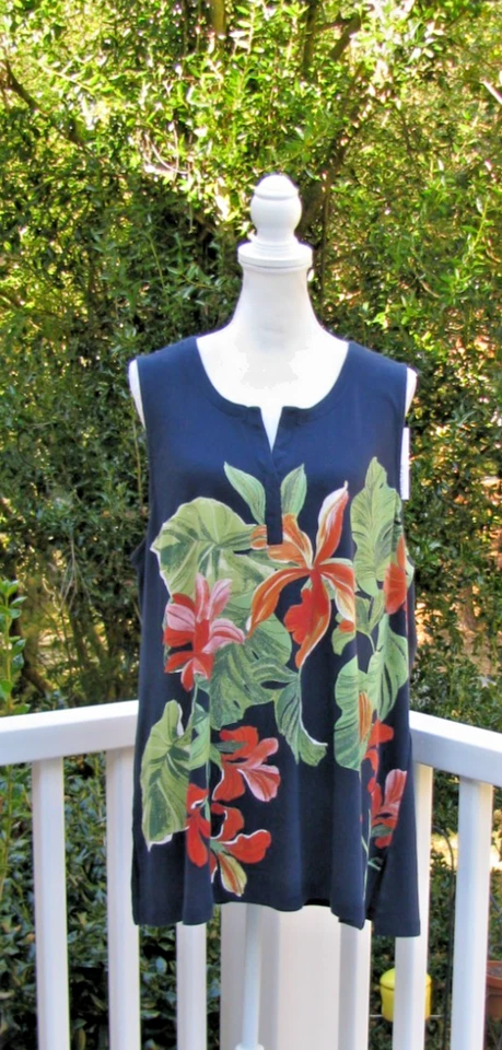 NUEVO CON ETIQUETAS Chico's Orchid 4 Muescas Cuello Camiseta sin mangas XXL Pima Algodón Azul Marino Floral R Foto 2 de 4