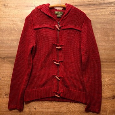 Eddie Bauer Chunky Knit Toggle Zip Hoodie Sweater Womens Small Red Wool Blend