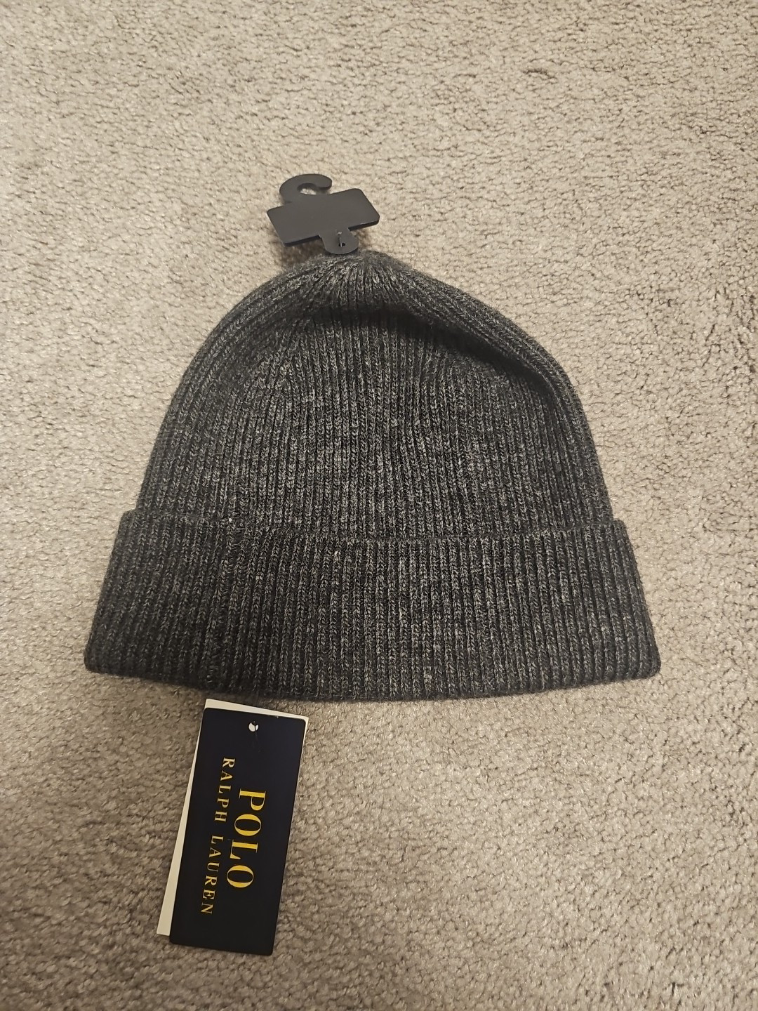 POLO Ralph Lauren KNIT BEANIE Navy Pony CARBONE DK BLUE misto lana nuovo con etichette