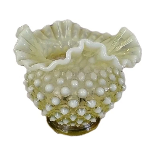Vintage Fenton Topaz Uranium Glass Hobnail Vase Ruffle Rim 4.5"