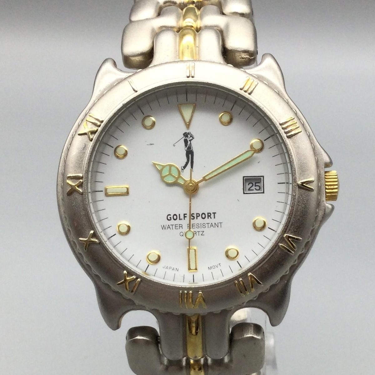 Vintage Golf Sport Mens Watch 38mm Silver Gold Two Tone Date New