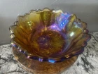 Vintage Amber Carnival Floral Glass  Serving Fruit Bowl Retro Antique Rose