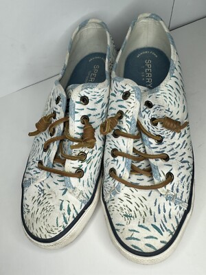 Sperry Women's Size Bahama Fish Circle Boat Shoes White with Blue Slip  Ons