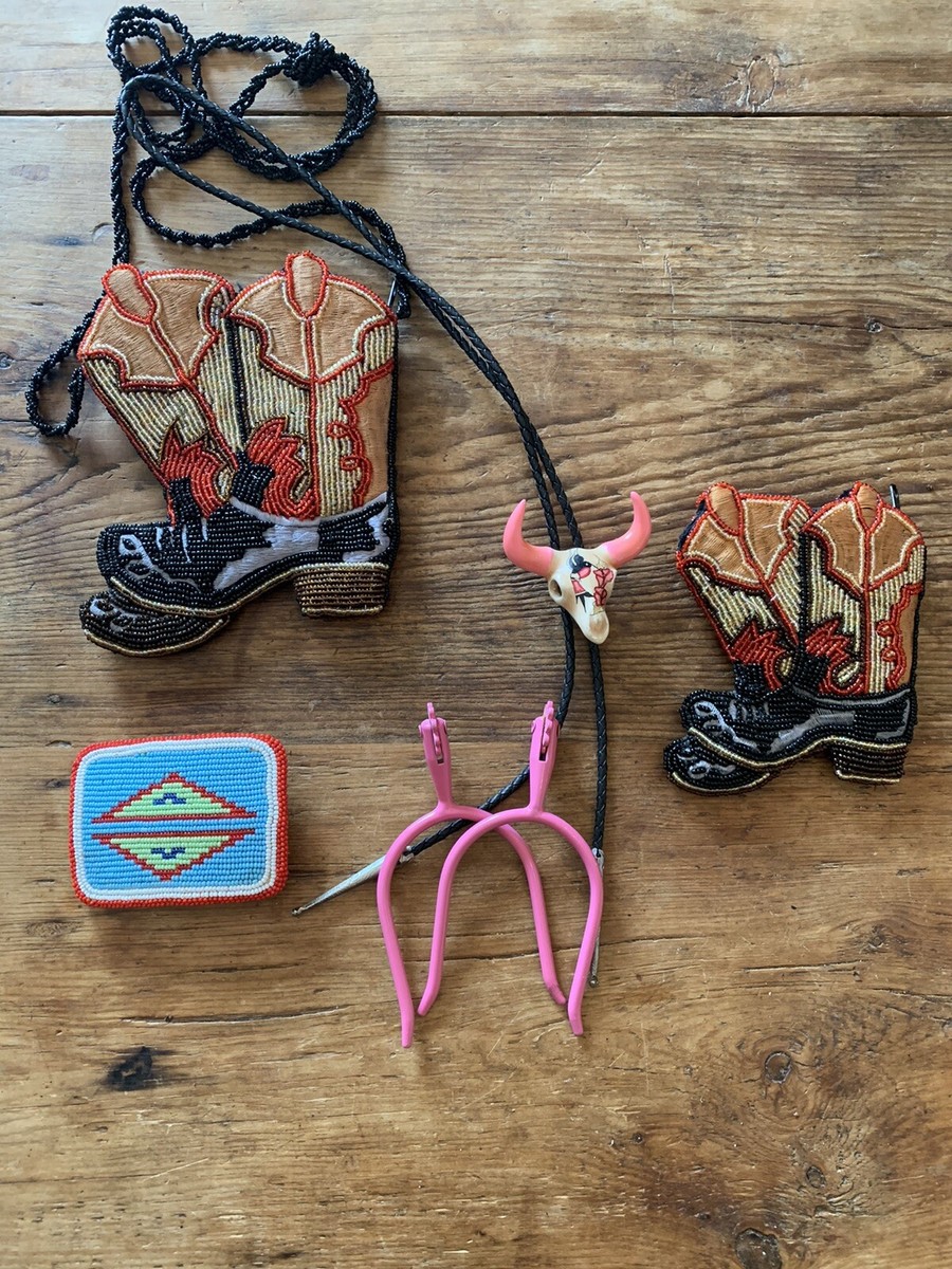 Western Beaded Cowboy Boots Purse, Bolo,spurs,buckle Lot