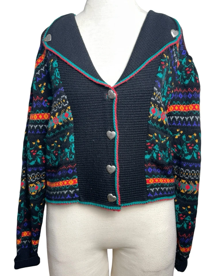 De Colección Meister Cárdigan Recortado de Lana Suéter Colorido Floral Mangas Hinchadas Años 80 Med