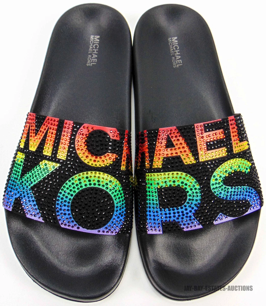 MICHAEL KORS GILMORE RHINESTONE RAINBOW SANDALS MK SLIDES RX21A WOMEN S SIZE 8M