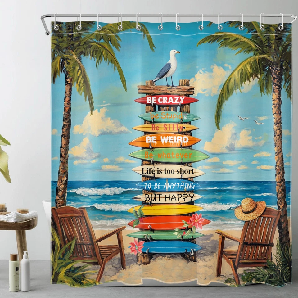 Juego de cortinas de ducha náuticas para decoración de baño tabla de surf playa océano azul verano Foto 2 de 4
