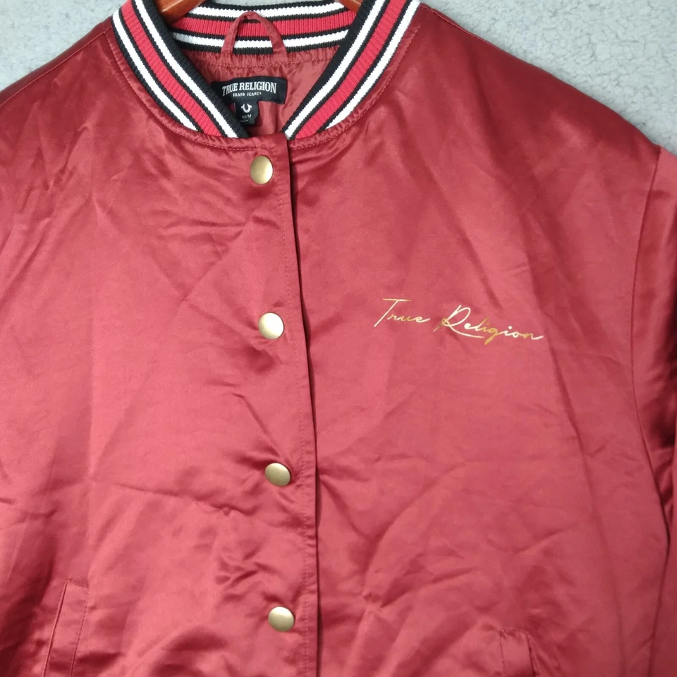 True Religion Red Dahlia Satin Gold Womens Varsity Bomber Jacket Medium - Image 2 of 4