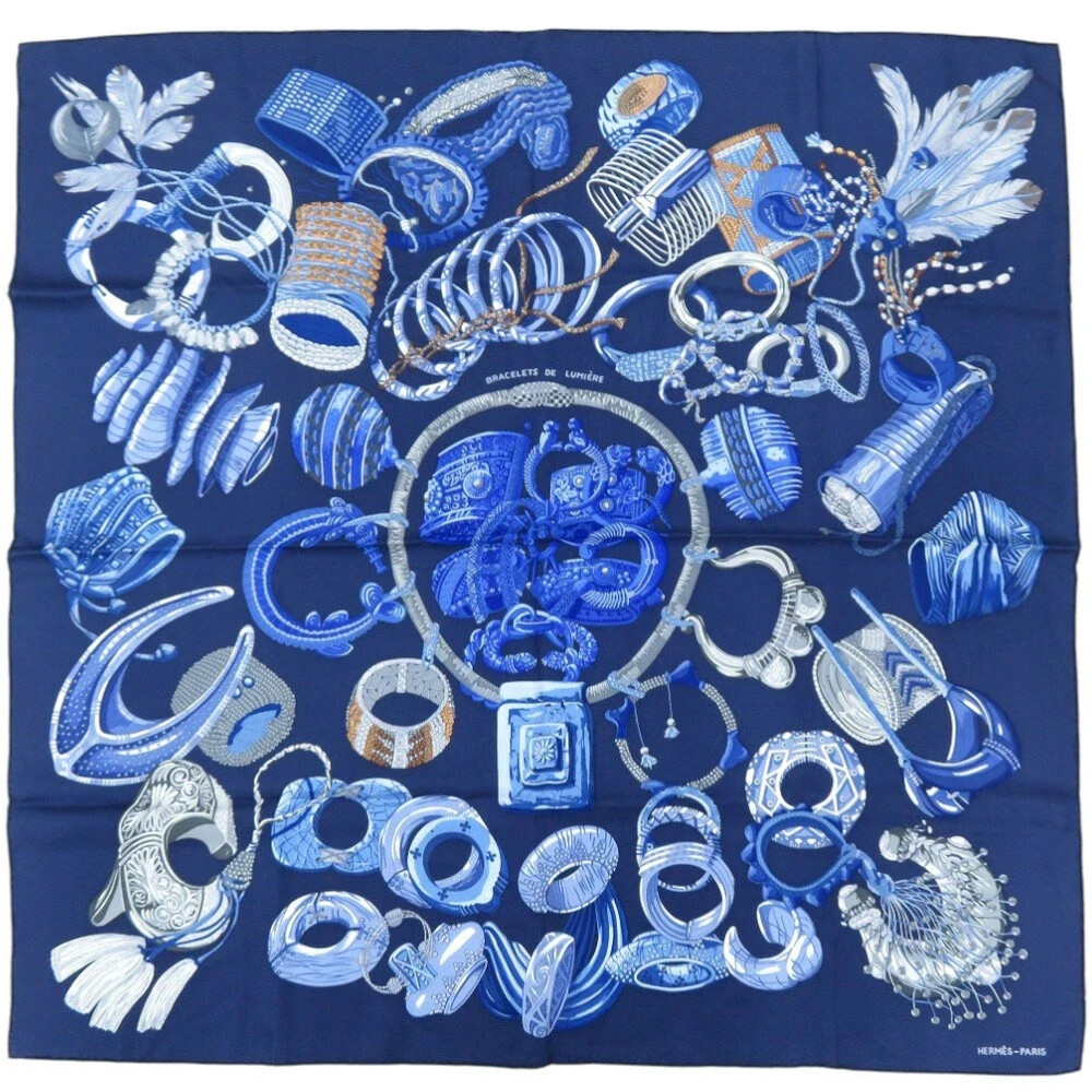 HERMES Carré 90 Bracelets de Lumiere Silk Scarf Blue Authentic Luxury