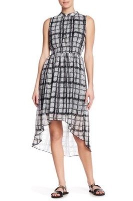 Women Midi Dress, Hi-Lo Patterned Shirt Dress Black White Plaid Sleeveless Sz L