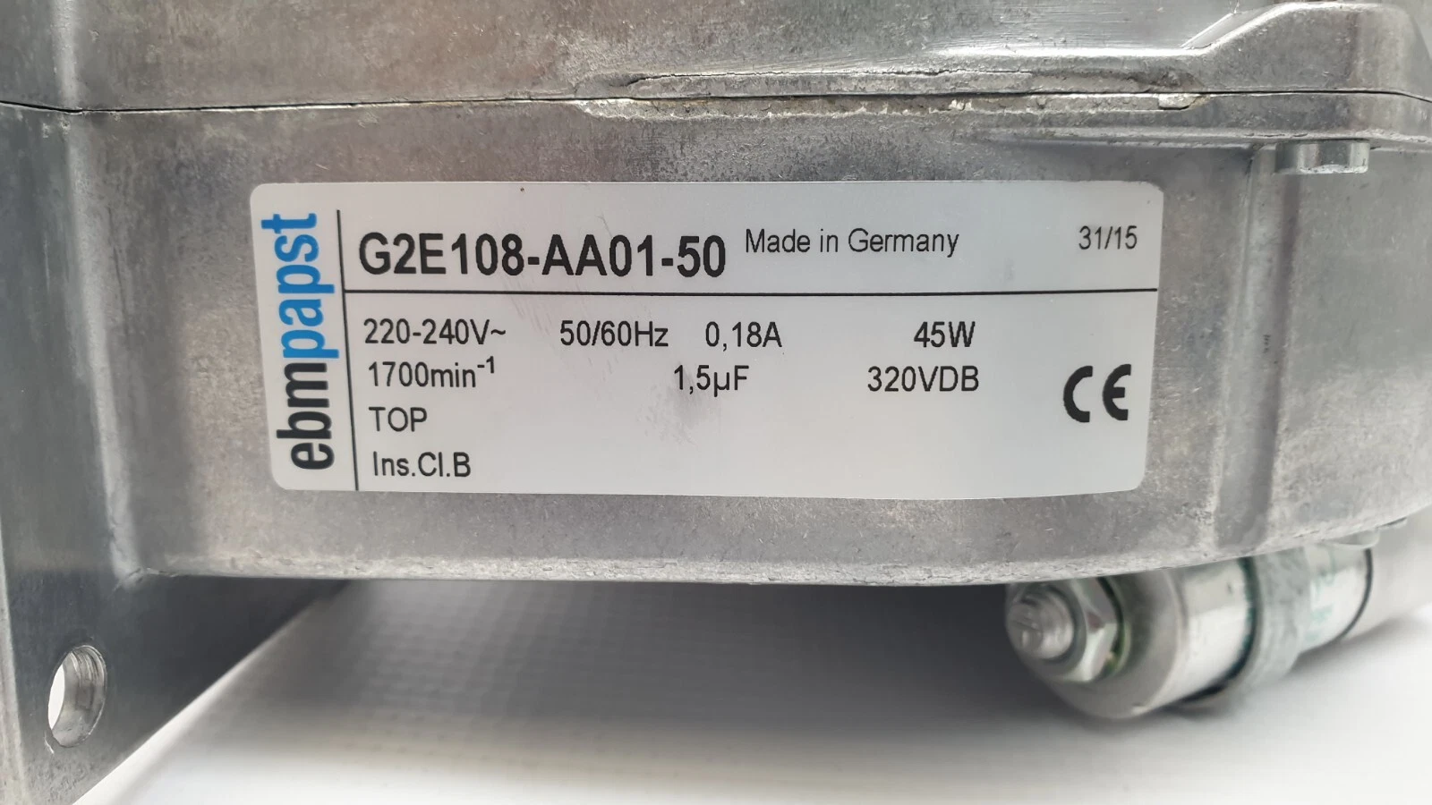 Nameplate: G2E108-AA01-50, 220-240V, 50/60Hz, 0.18A, 45W, 1700 rpm, 1.5µF, Made in Germany