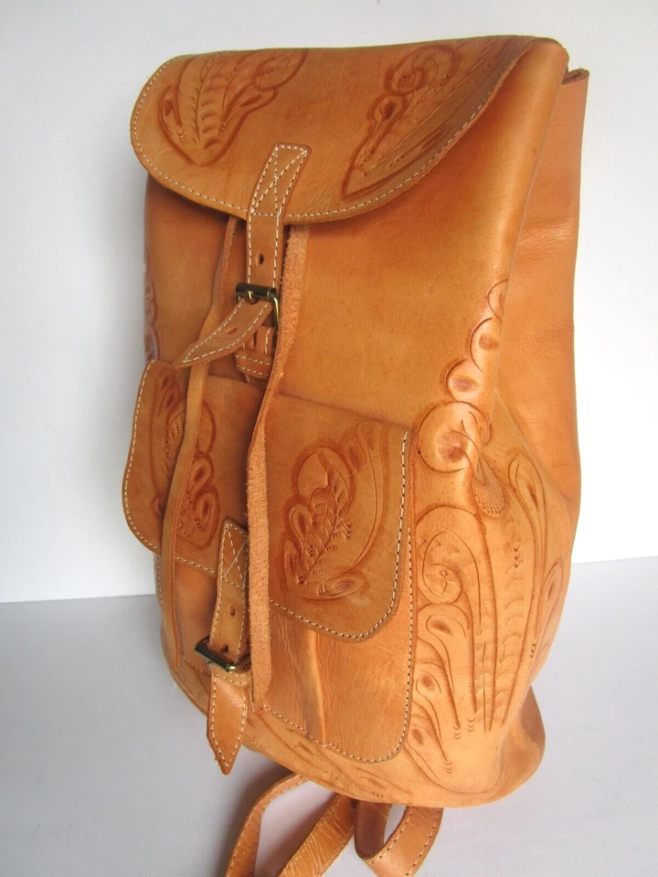Light Tan Floral Carving Real 100% Leather Backpack - Preowned - Image 2 of 4