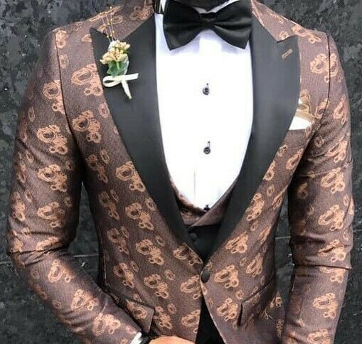 Traje De Novio Slim Fit Con Chaleco De Flores En Marrón Negro Y Cobre