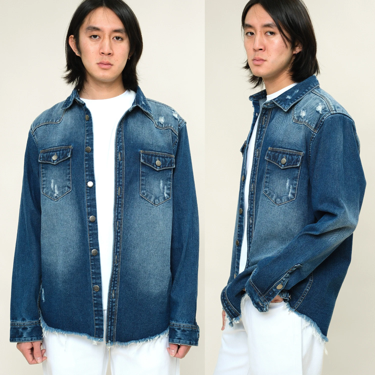 Victorious Men's Long Sleeve Button Up Distressed Denim Jean Jacket DK158