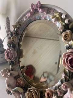 Sitzendorf porcelain vanity mirror with applied roses and cherubs. Antique