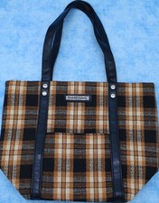 Longaberger Plaid Tote Bag w/ Black Leather Straps Canvas Handbag