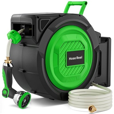 Garden Hose Reel Retractable 100ft 5/8in Wall Mount Swivel 10 Pattern Nozzle