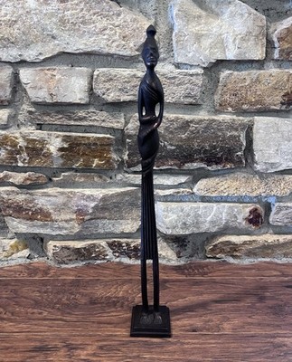 Vintage Woman Brown Bronze Elongated Tribal Figure Statue Sculpture Art MCM Art