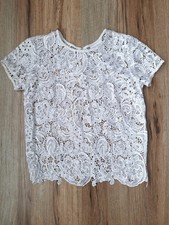 Womens Lace Blouse Top Sheer Overlay Size Small Keyhole Neck White Boho