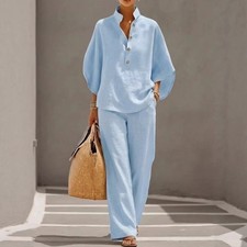 Women s 2PC Matching Set Loose Blouse Straight Leg Pants