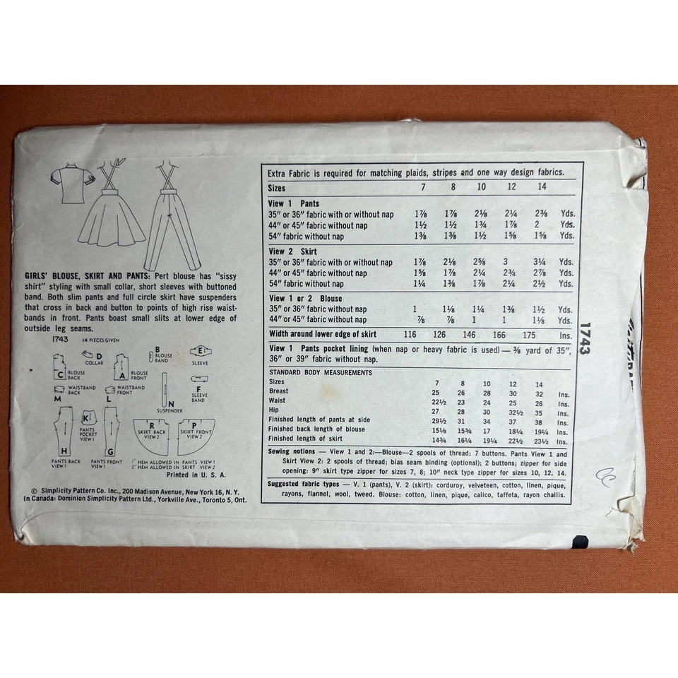 Simplicity Sewing Pattern 1743 Girls Blouse Skirt & Pants Size 8 Cut Complete - Image 2 of 4