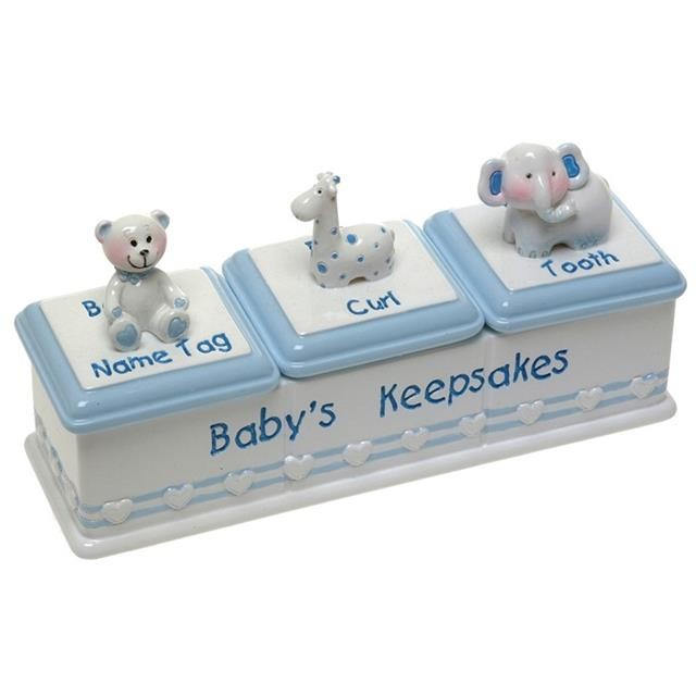Blue Baby Boy Triple Trinket Keepsake Box - Name Tag Curl Tooth
