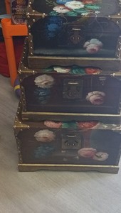 Hand Painted Floral Wood nesting Storage Chests Set of 3 with Metal Accents