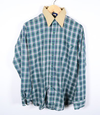 80s Sears Perma Prest Shirt Men's Large Green Plaid Contrast Collar Cotton Blend